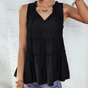 Casual Sleeveless V Neck Summer Tank Top Black Tie Front
